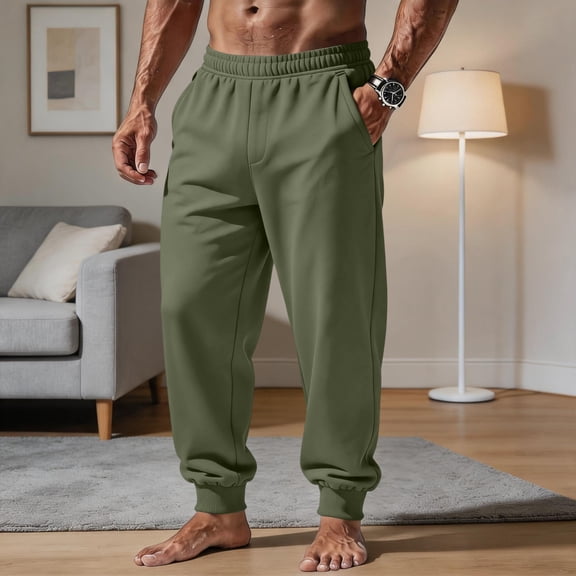 HaCpiu Men's Loose Fit Jogger Pants, Solid Elastic Waist Sweatpants with Pockets, Casual Soft Fleece Track Cuff Gym Trousers, Army Green L