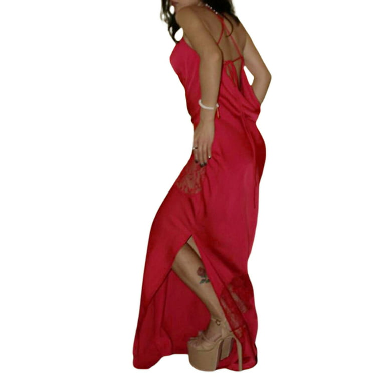 KelaJuan Women's Long Dress, Spaghetti Strap Sleeveless Lace See-Through  Solid Color Split Dresses 