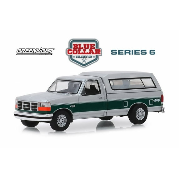 1996 Ford F-150 XLT Pickup Truck with Camper Shell, Silver with Green - Greenlight 35140E/48 - 1/64 scale Diecast Model Toy Car