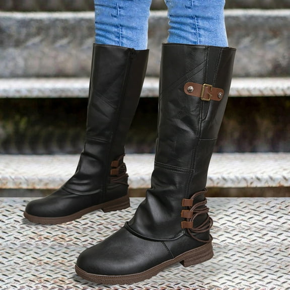 eczipvz Womens Shoes Ladies Vintage Solid Color Leather Top Boots Side Zip Belt Buckle Flat Fashion Wide Calf Knee High Pairs Boots for Women Black,Size 8