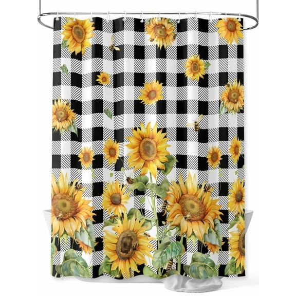 Shower Curtain Bee Sunflower Bathroom Curtains with Hooks, Waterproof Fabric Farm Black Buffalo Plaid Bath Shower Curtains Set for Bathroom Bathtubs Decor 36x72 Inch