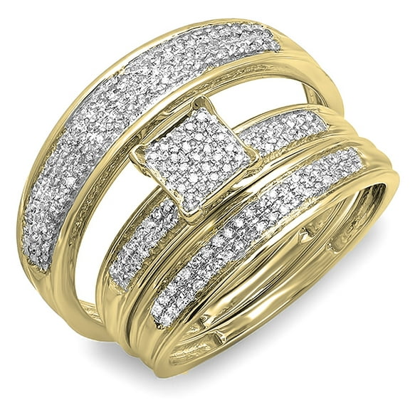 0.50 Carat (ctw) 10K Yellow Gold Round Diamond Men's & Women's Micro Pave Engagement Ring Trio Bridal Wedding Band Set 1