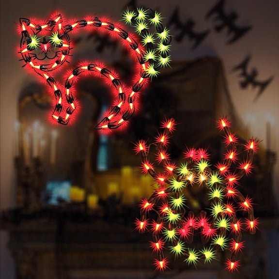 2Pcs Halloween Plug-in LED Window Silhouette Lights, Black Cat & Spider Decor Lights with Suction Cups for Dorm Apartment Office Party