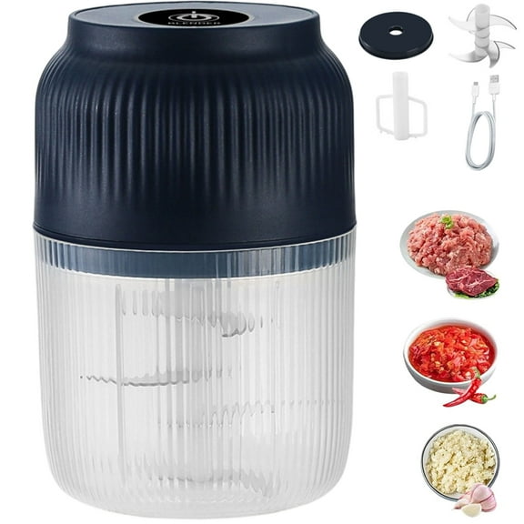 Electric Garlic Chopper with 6 Blades & 11oz Container - Portable USB Rechargeable Food Chopper, Includes Whisk for Onions, Ginger, Nuts & Meat
