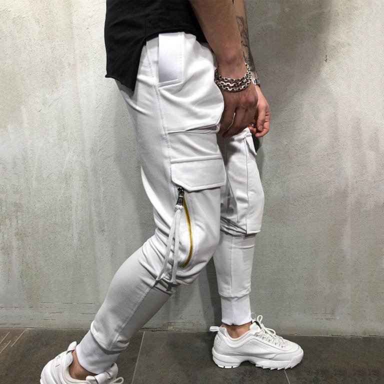 CAICJ98 Mens Joggers Sweatpants Men's Active Tack Jogger Pants Fitness  Tapered Sweatpants Slim Fit Trousers with Zipper Pockets White,L