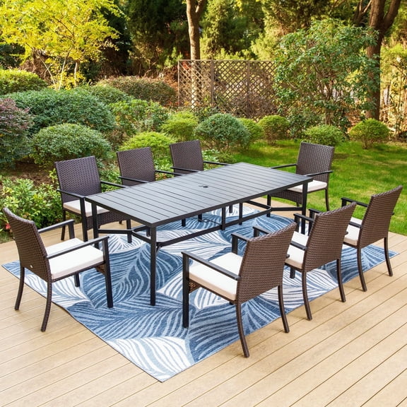 SUMMIT LIVING 9-Piece Outdoor Patio Dining Set with 8 Wicker Cushioned Chairs & 83" Large Table, Black & Dark Brown