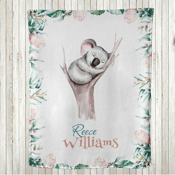Koala Throw Blanket, Funny Australian Animal Hugging the Tree Happily Watercolor Exotic Forest Art, Flannel Fleece Accent with Custom Name Photo Backdrop, 80" x 60", Teal Blush Grey, by Ambesonne