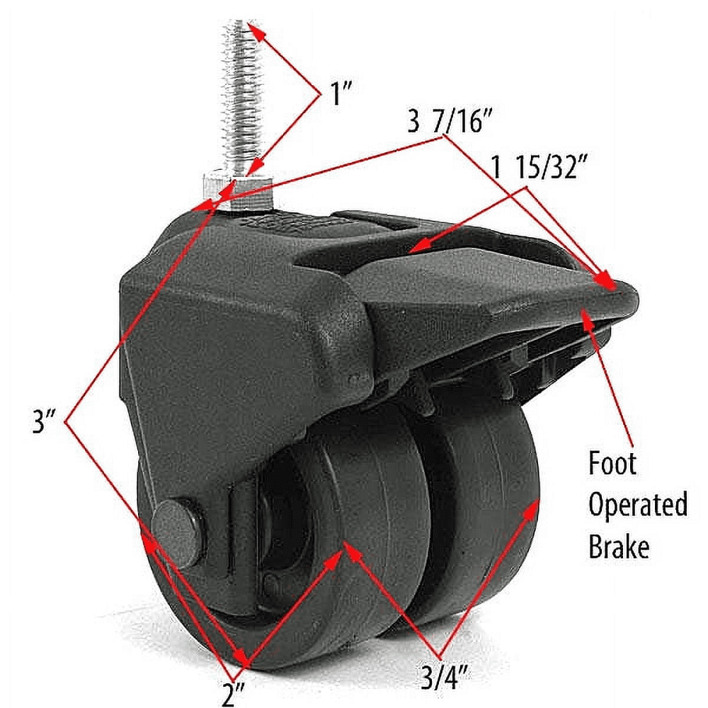 3" Dual Wheel Composite Plastic Caster, 5/16" Threaded Stem, Set of 4 (2/Brake)