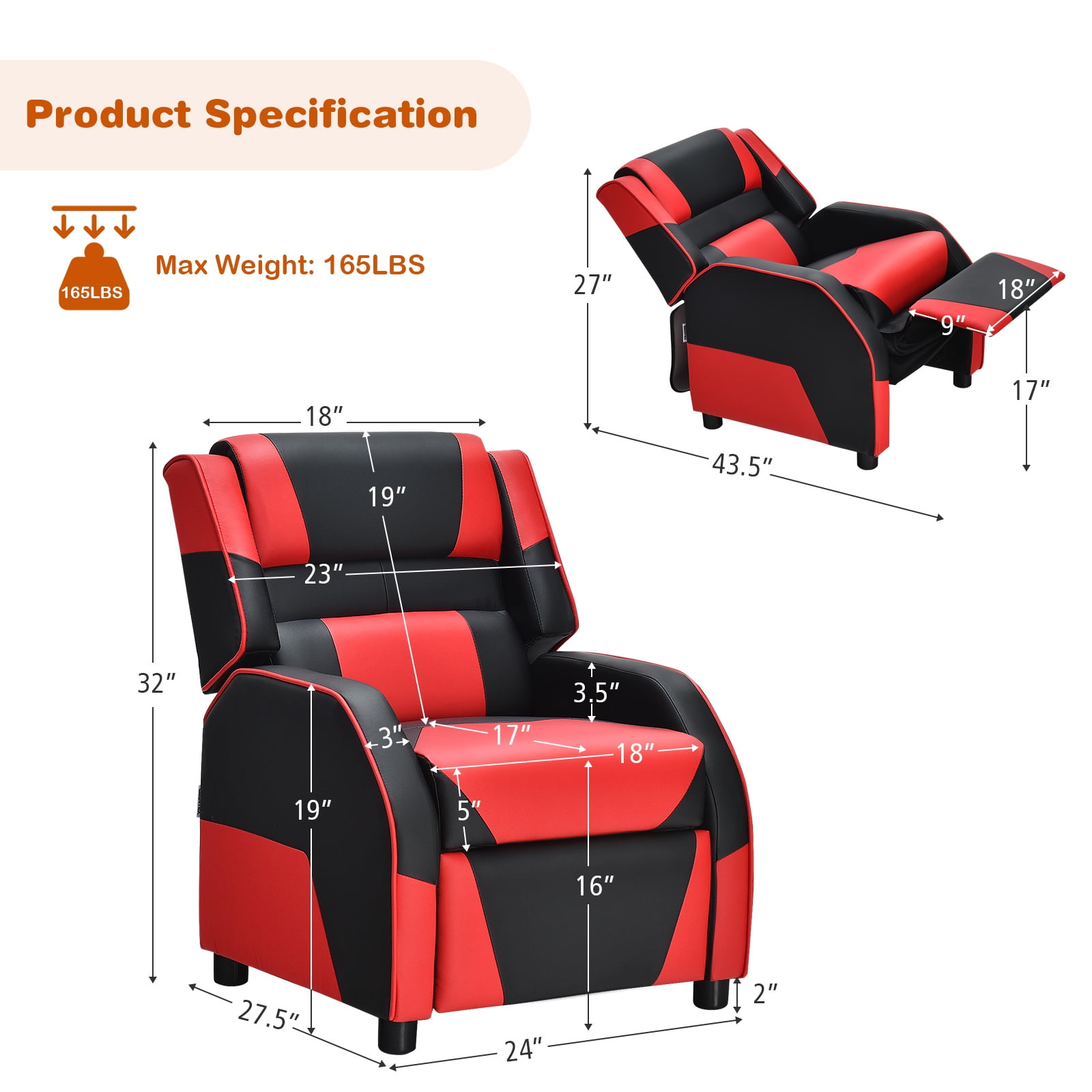 Infans Kids Youth Gaming Sofa Recliner w/Headrest & Footrest PU Leather Red