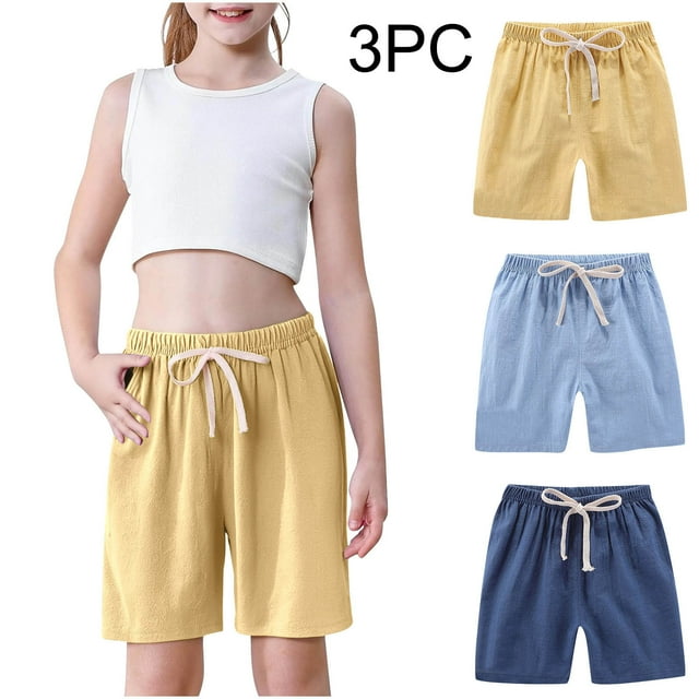 Odeerbi 2-10 Años Niños Niñas 3 Pcs Verano Algodón Lino Pantalones Cortos Entrenamiento Deportivos Cortos Lindo Color Sólido Pantalones Cortos Suaves Respirables