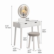 White Vanity Desk with 3-Color LED Mirror & Cushioned Stool – Makeup Table, 2 Drawers, Touch Screen – Bedroom Bathroom Dressing Set