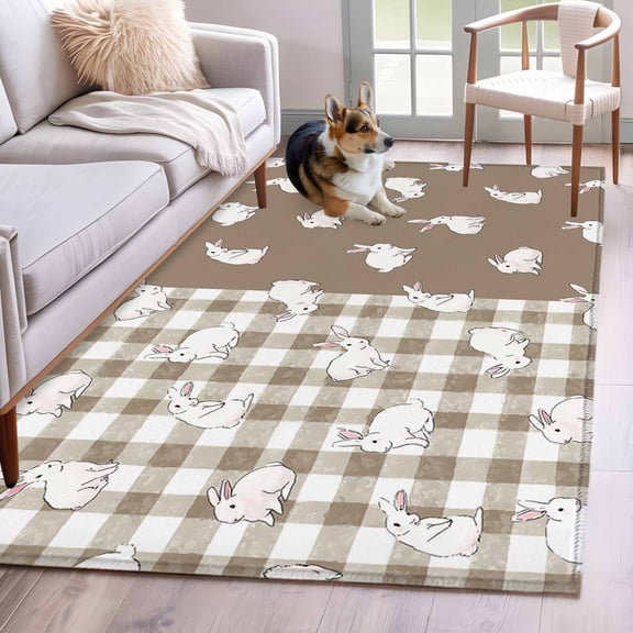 3'x5' Rug for Living Room Bedroom, Japanese Rabbits Washable Area Rugs Non-Slip Carpet Mats, Vintage Bunny Brown Farmhouse Plaid Indoor Low Pile Area Rug Runner for Kitchen, Mudroom