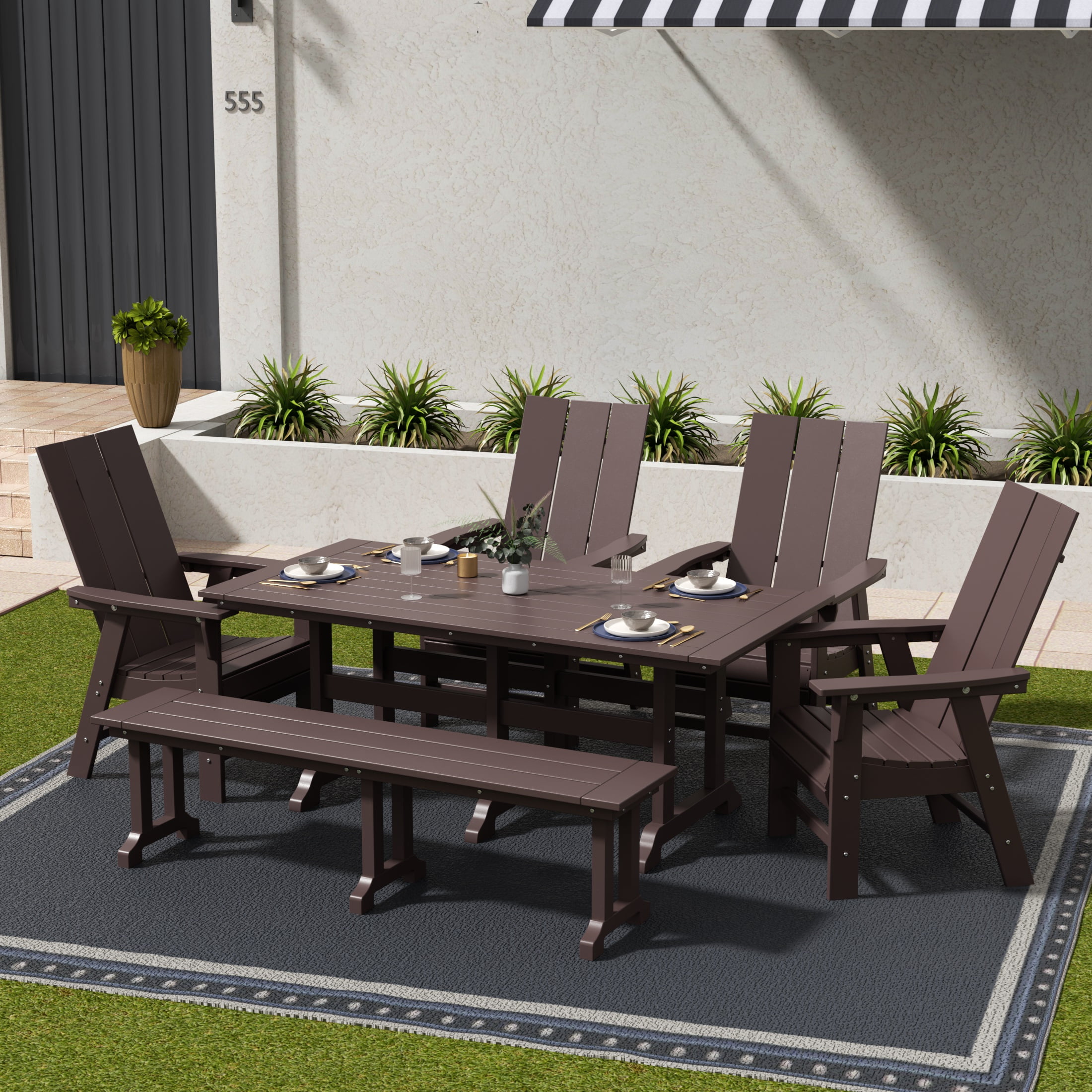 WestinTrends Ashore 6 Pieces Adirondack Patio Dining Set with Bench, All Weather Poly Lumber Slatted Outdoor Furniture Set, 71" Trestle Table and 4 Adirondack Chair and Outdoor Bench, Dark Brown