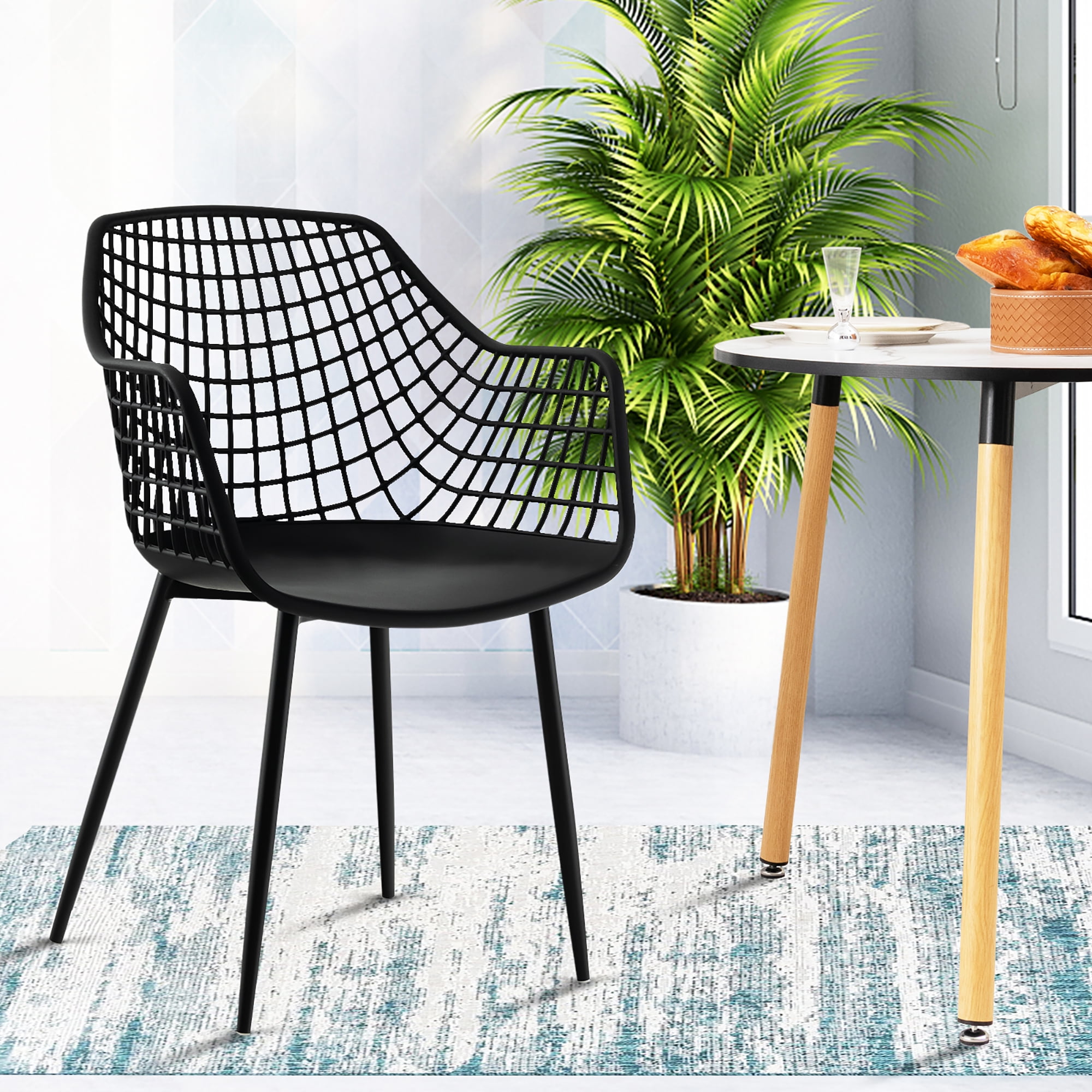 Costway Modern Dining Chair Set of 4 Plastic Shell Hollow withMetal Legs for Living Room Black