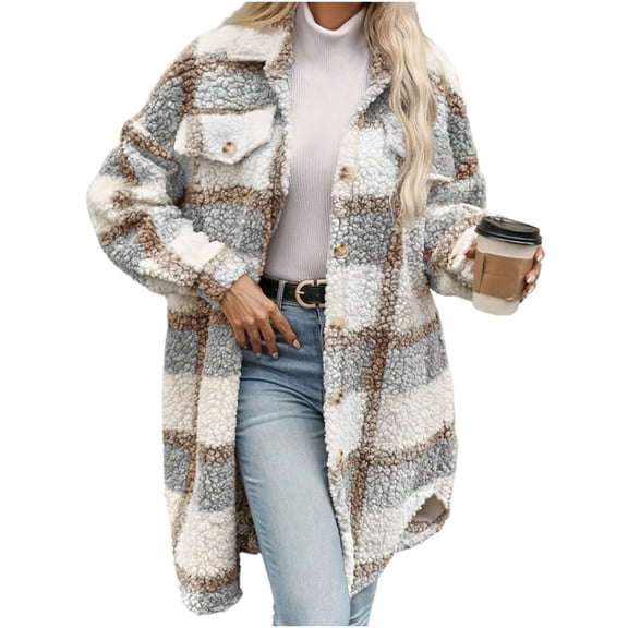 gbyLJF Women's Long Fuzzy Plaid Shacket Fleece Warm Button Down Checkered Jacket Winter Comfy Slouchy Coat with Pockets