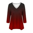 thumbnail image 4 of ZQGJB Fall Tops for Womens Trendy Tie Dye Gradient Ruffle Hem Baggy Pullover T Shirts Cute V Neck 3/4 Sleeve Blouses Loose Fit Ombre Tunic Tees Wine S, 4 of 6