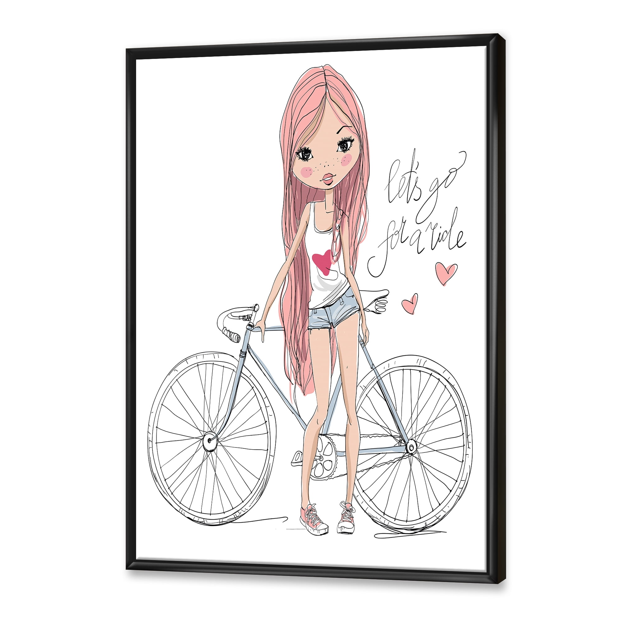Designart 'Young Woman With Bicycle' Children's Art Framed Canvas Wall Art Print