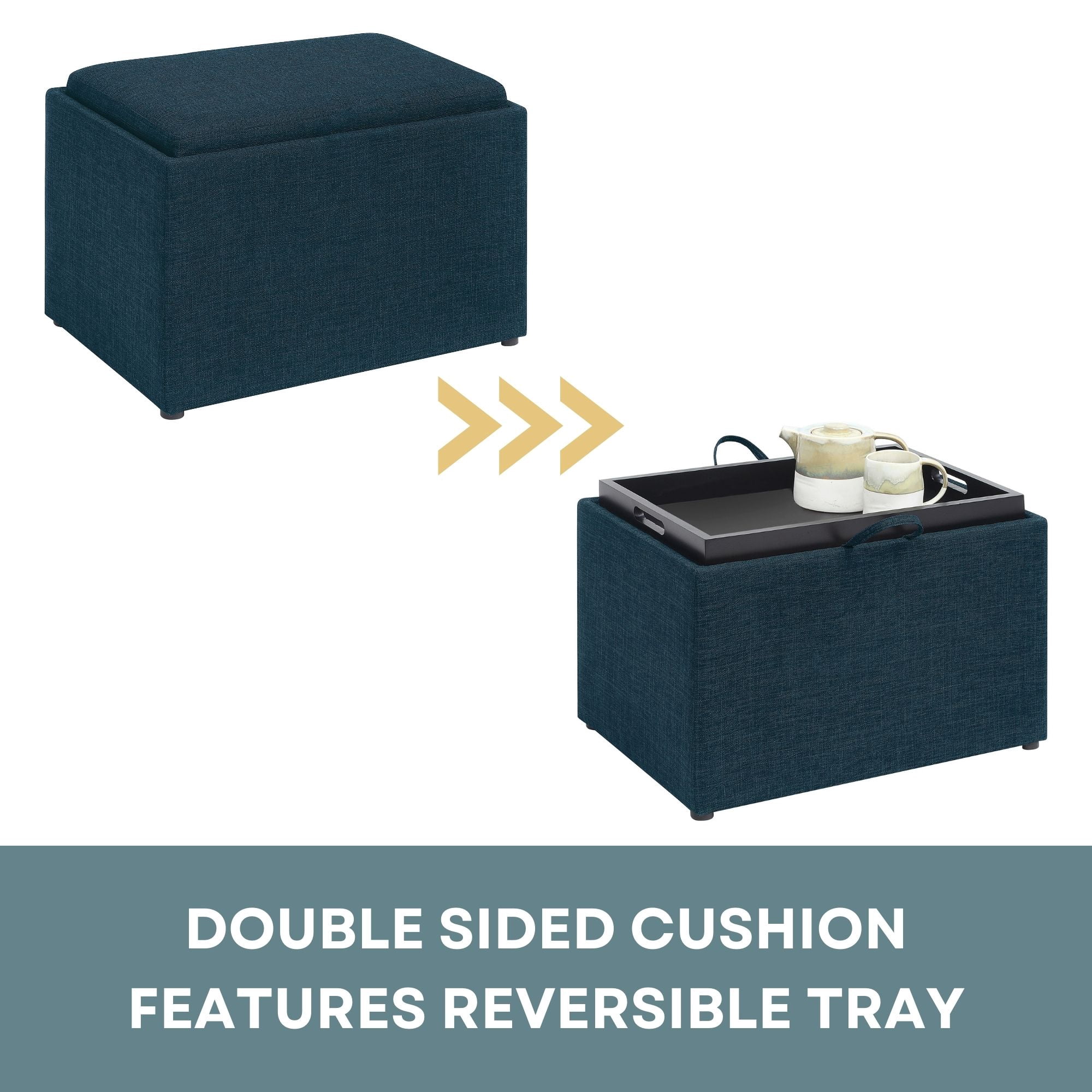 Convenience Concepts Designs4Comfort Accent Storage Ottoman with Reversible Tray, Dark Blue Fabric
