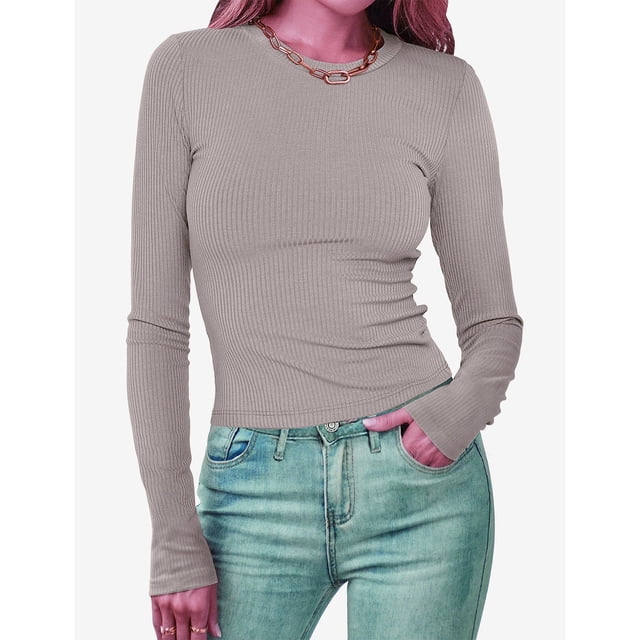 Jsaierl Women Long Sleeve Tops 2024 Fall Slim Fit Crop Shirts Trendy Ribbed Knit Blouses Casual Comfy Round Neck Pullover Basic Solid Tees