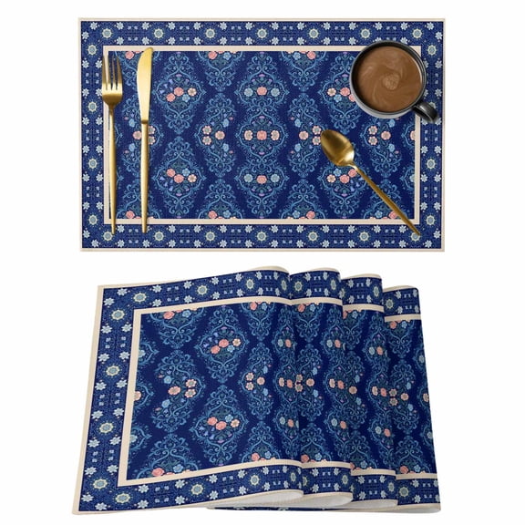 Navy Blue Boho Floral Placemats Set of 8 Farmhouse Ethnic Tribe Art Place Mats Indoor Wipeable Table Mats Washable Cloth Dining Table Placemats for Kitchen Holiday Party Home Decor 13x19 Inch