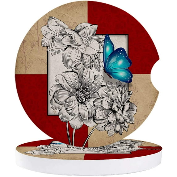 FMSHPON Retro Wall Splicing Butterfly and Flowers Set of 6 Car Coaster for Drinks, Absorbent Ceramic Stone Coasters Cup Mat with Cork Base for Home Kitchen Room Coffee Table Bar Decor