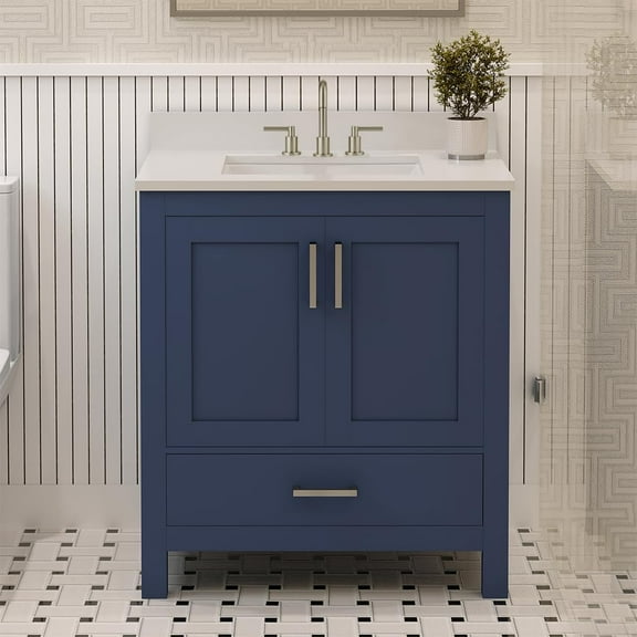 Ayna Decors Rooh 30" Solid Wood Bathroom Vanity with Sink – Navy Blue, 3 Pre-Drilled Faucet Holes, 2 Soft-Close Doors, 1 Full-Extension Drawer, Brushed Nickel Handles
