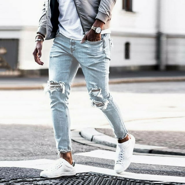 TINZ Ripped Jeans For Men Mid-wasit Slim Fit Denim Pants With Pocket Men Stretch Jean 4