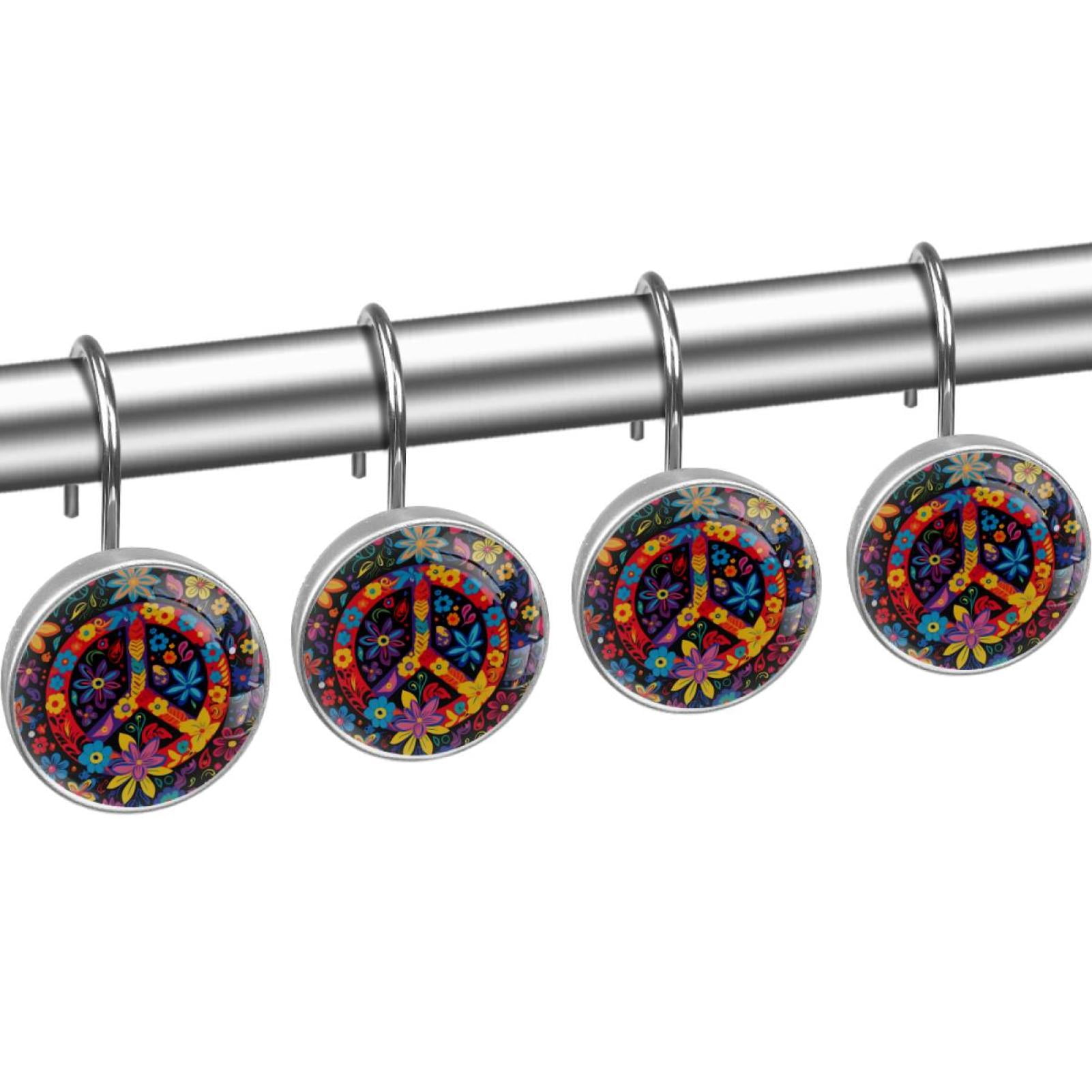 Peace Sign Shower Curtain Hooks （Set of 12） for Home Hotel Shower Rods Bathroom Crystal Glass Print Stainless Steel Round Curtain Hooks