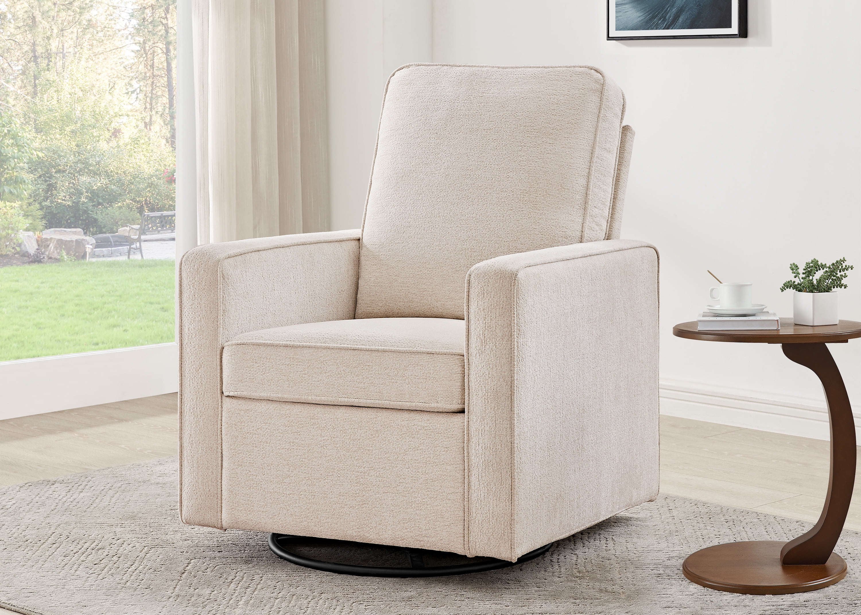 Delta Children Noah Upholstered Swivel Glider with Stain-Resistant Performance Fabric- Greenguard Gold Certified, Almond