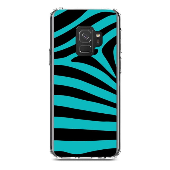 DistinctInk Clear Shockproof Hybrid Case for Samsung Galaxy S9 (5.8" Screen) - TPU Bumper, Acrylic Back, Tempered Glass Screen Protector - Teal Black Zebra Stripes