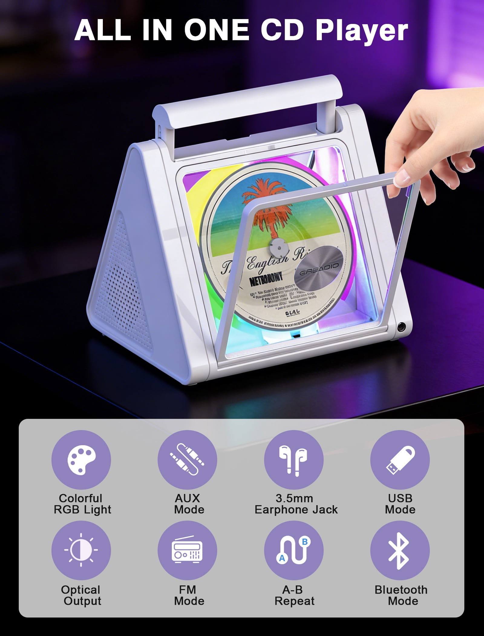 Greadio Portable CD Player with 20W Speaker, 4000mAh Rechargeable Bluetooth CD Player with Battery,Triangle Design Speaker with Remote Control