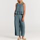 thumbnail image 3 of Conjunto de pantalones largos para mujer Conjunto de pantalones de 2 piezas de algodón con cuello redondo Conjunto de diario plisado, 3 of 7