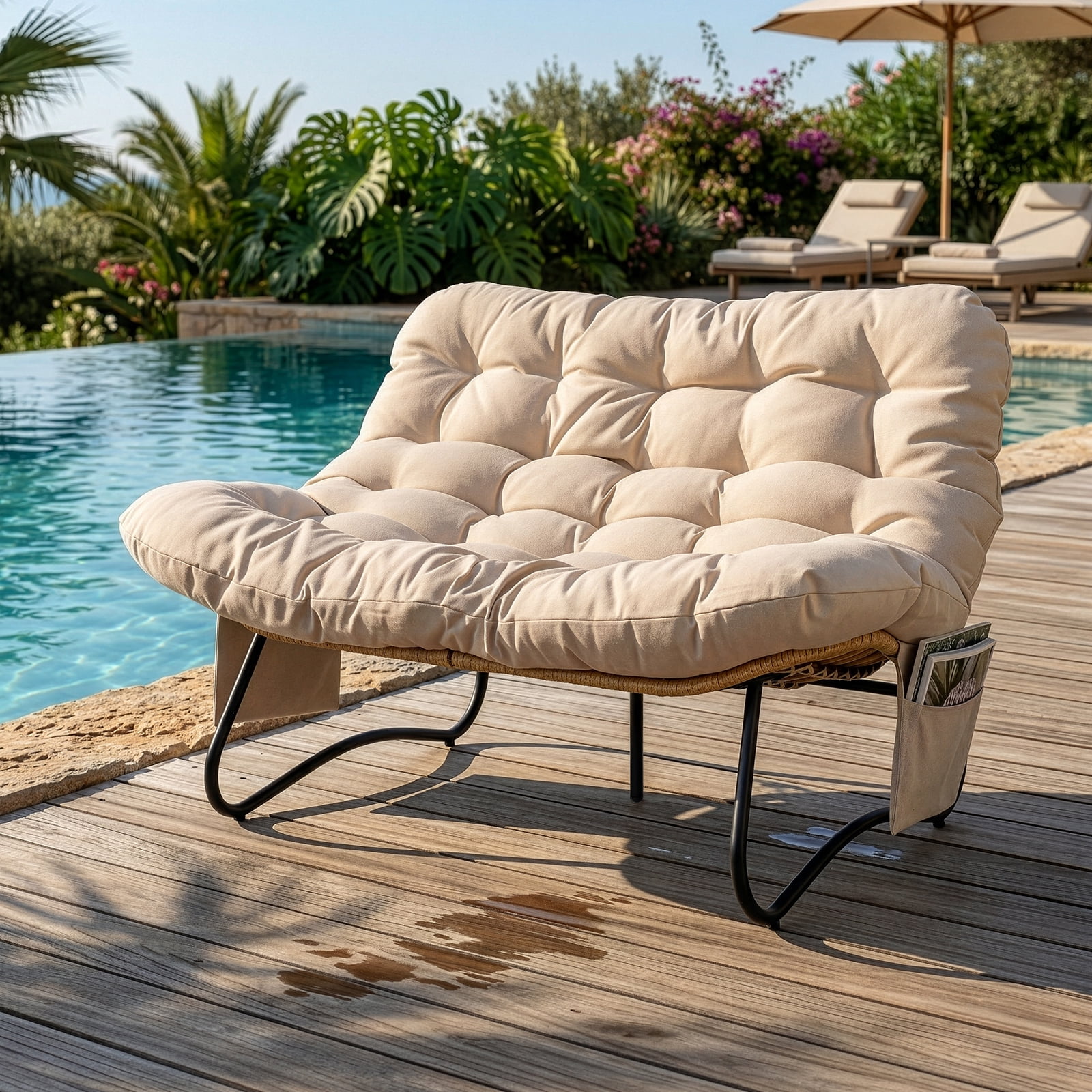 2-Seater Curved Wicker Loveseat with Magazine Pockets & Beige Cushion, 133x94x87cm