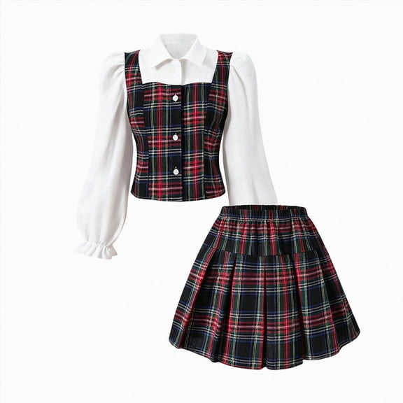 WXFAZCVU Girls 2 Piece Outfits Long Sleeve Patchwork Shirt and Skirt School Clothes Set Size 10 Years