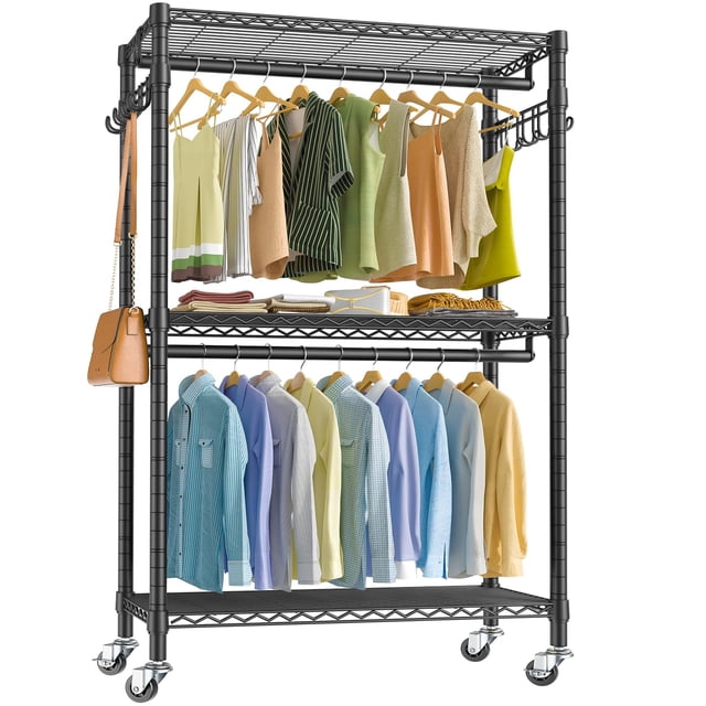 VIPEK R2 Plus Perchero rodante resistente de 3 niveles, estante de alambre ajustable, perchero para ropa con varillas dobles y ganchos laterales, estante de almacenamiento independiente para guardarro