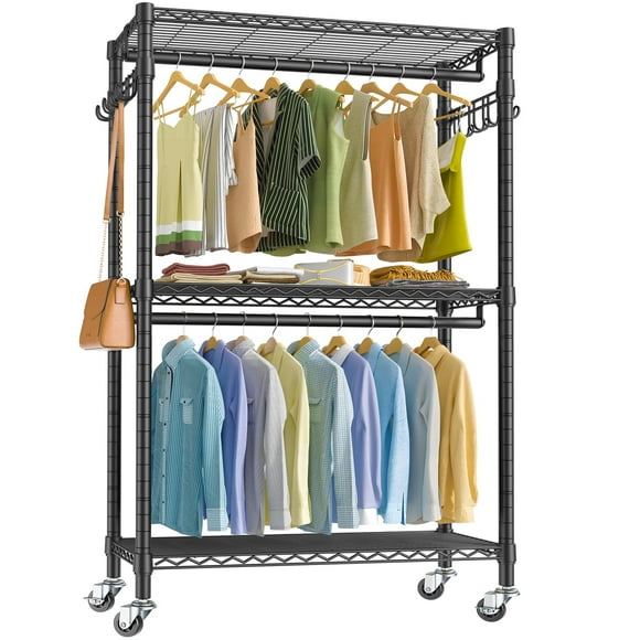 VIPEK R2 Plus Perchero rodante resistente de 3 niveles, estante de alambre ajustable, perchero para ropa con varillas dobles y ganchos laterales, estante de almacenamiento independiente para guardarro
