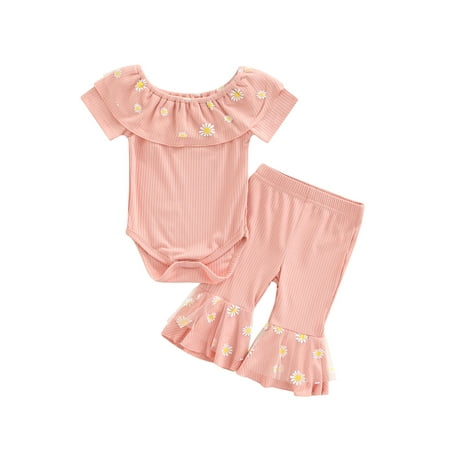 

Kiapeise 2pcs Baby Girls Outfit SetS Short Sleeve Romper Tops with Flower Print Flare Pants Summer Casual Outfit