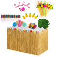thumbnail image 1 of Juego de decoraciones de fiesta hawaiana con falda de mesa de hierba, hojas de palmera hawaianas de Leis, flores de hibisco, piñas, paraguas/flamencos, piñas 3d Fr Afortunado Sencillez, 1 of 4