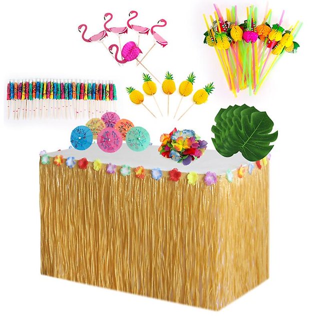 Juego de decoraciones de fiesta hawaiana con falda de mesa de hierba, hojas de palmera hawaianas de Leis, flores de hibisco, piñas, paraguas/flamencos, piñas 3d Fr Afortunado Sencillez