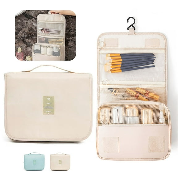 Travel Hanging Makeup Bag - Transparent Waterproof Foldable Cosmetic Storage with Mesh Compartments, Beige.