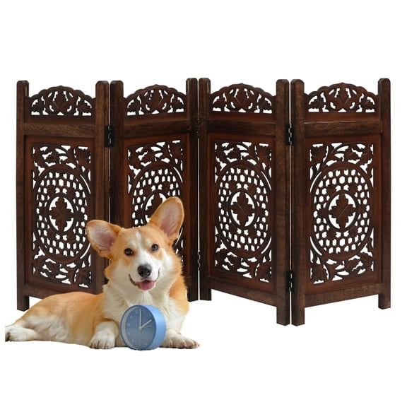 Pet Gate Indoor Foldable in Raise Wood-4 Panel Dog Safety Gate, 56" W x 28" H, Hand-Carved Solid Wood & MDF,Free Standing Portable Indoor Gate for Doorways,Halls, Stairs-Fully Assembled - Burnt