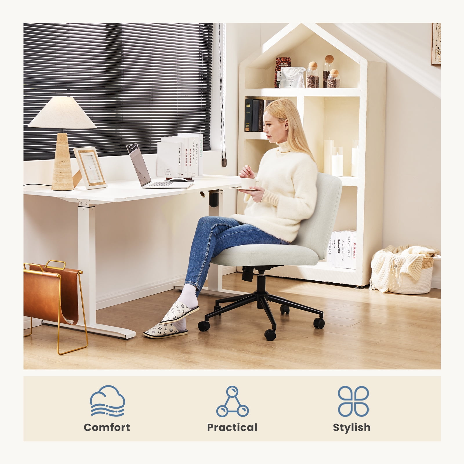 EDX Armless Office Chair Criss Cross Legged Chair with Wheels, Comfy Home Vanity Task Desk Chair, Beige