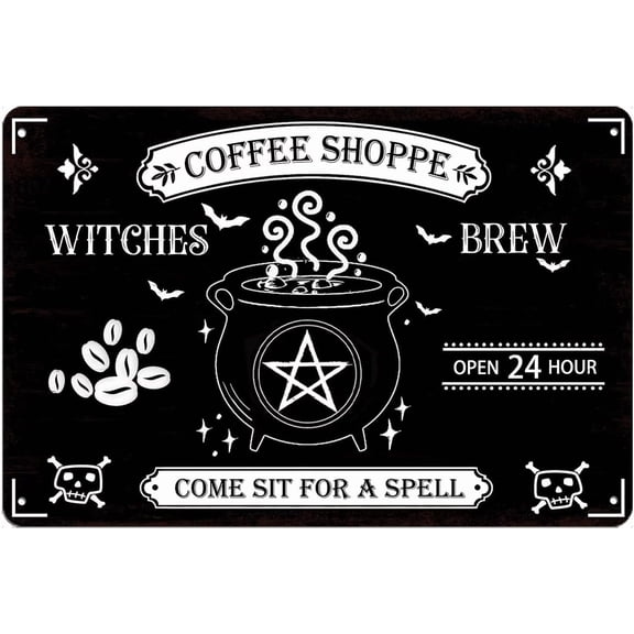Halloween Witches Brew Metal Tin Sign, Coffee Shop Wall Decor for Home Cafe Bar Kitchen, 8x12 Inch