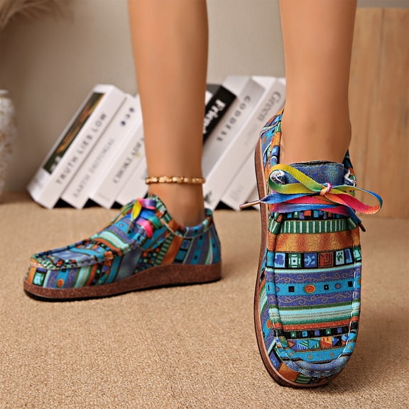Women's Ethnic Print Canvas Sneakers, Lace Up Casual Walking Shoes, Women's Graffiti Canvas Fashion Sneaker | Comfortable Play Canva Shoes Retro Ethnic Style Low-Top Walking Slip On Shoes, Blue 5.5