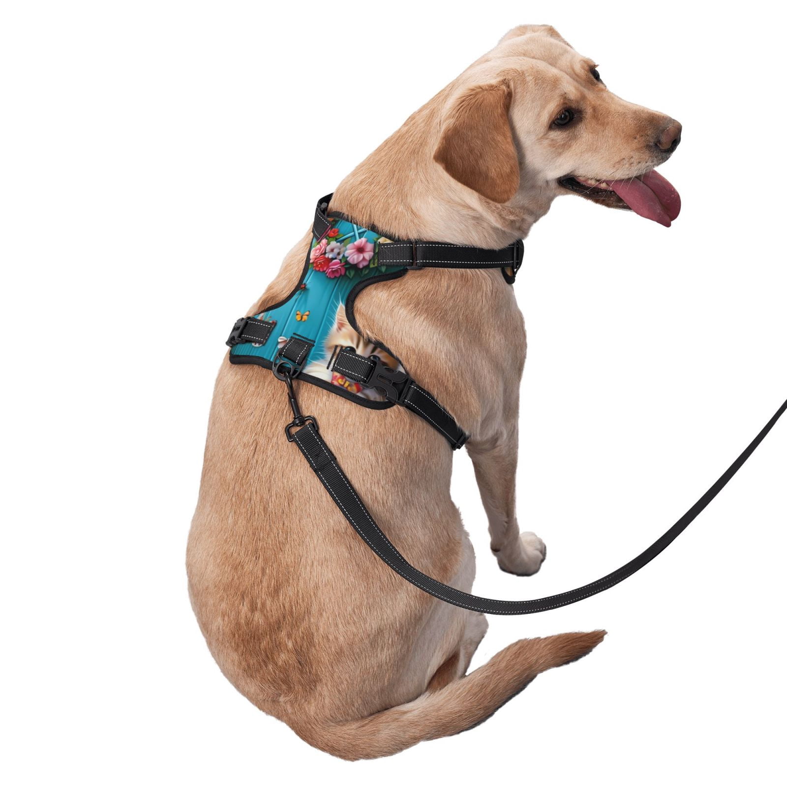 Fuzoiu Whimsical Cats and Flowers Scene Print Reflective Dog Harness,Adjustable, Breathable Pet Vest,Dog Harness No Pull,No Choke Pet Vest for Small, Medium, and Large Dogs-Medium