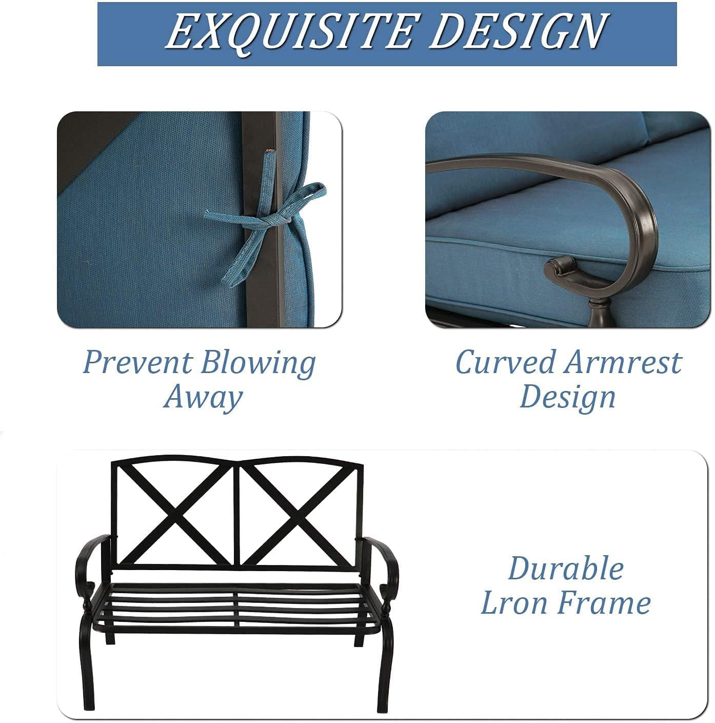 SUNCROWN 5-Piece Patio Furniture Conversation Sets with Wrought Iron Loveseat and Spring Chairs（Peacock Blue）