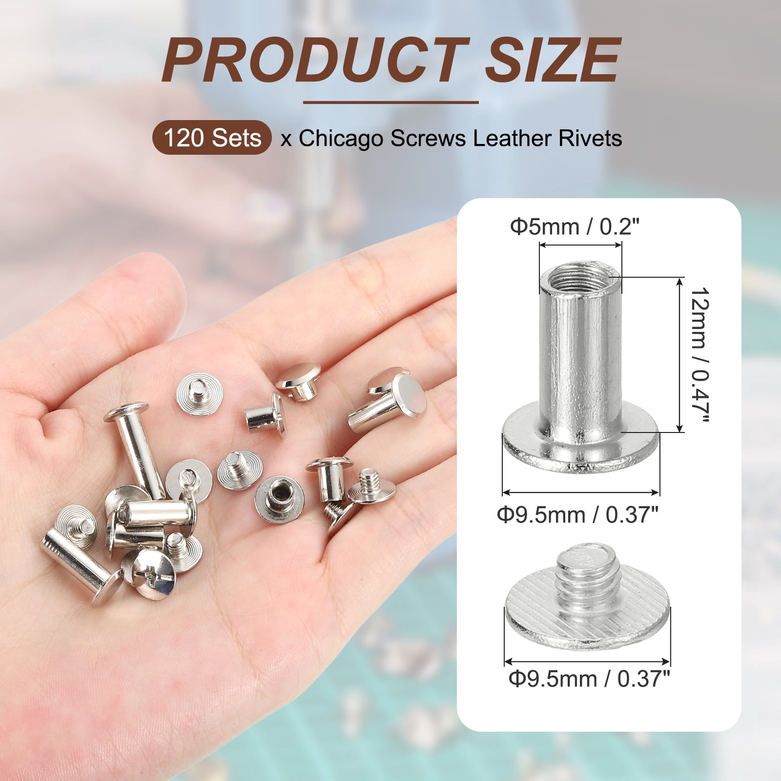 Uxcell 15mm Chicago Screws Leather Rivets, 120 Set Leather Rivets Nail Stud Screws Bolt Assorted Kit for DIY Leather Craft Bookbinding Decorate Repair Belt Bag Clothing, Silver Tone