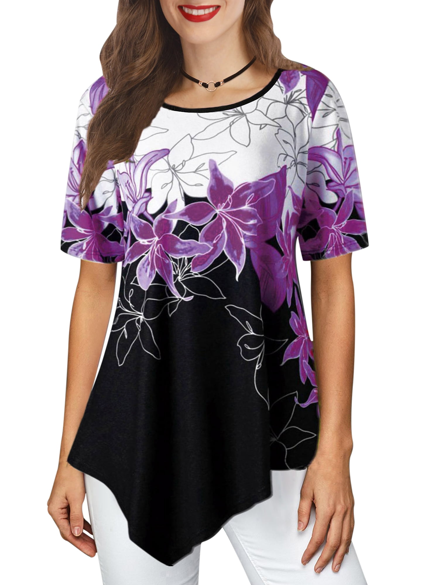 Tops for Women Dandelion Printing T Shirts Round Neck Solid Color Short Sleeve Button Irregular Hem Blouses Tunic Tee