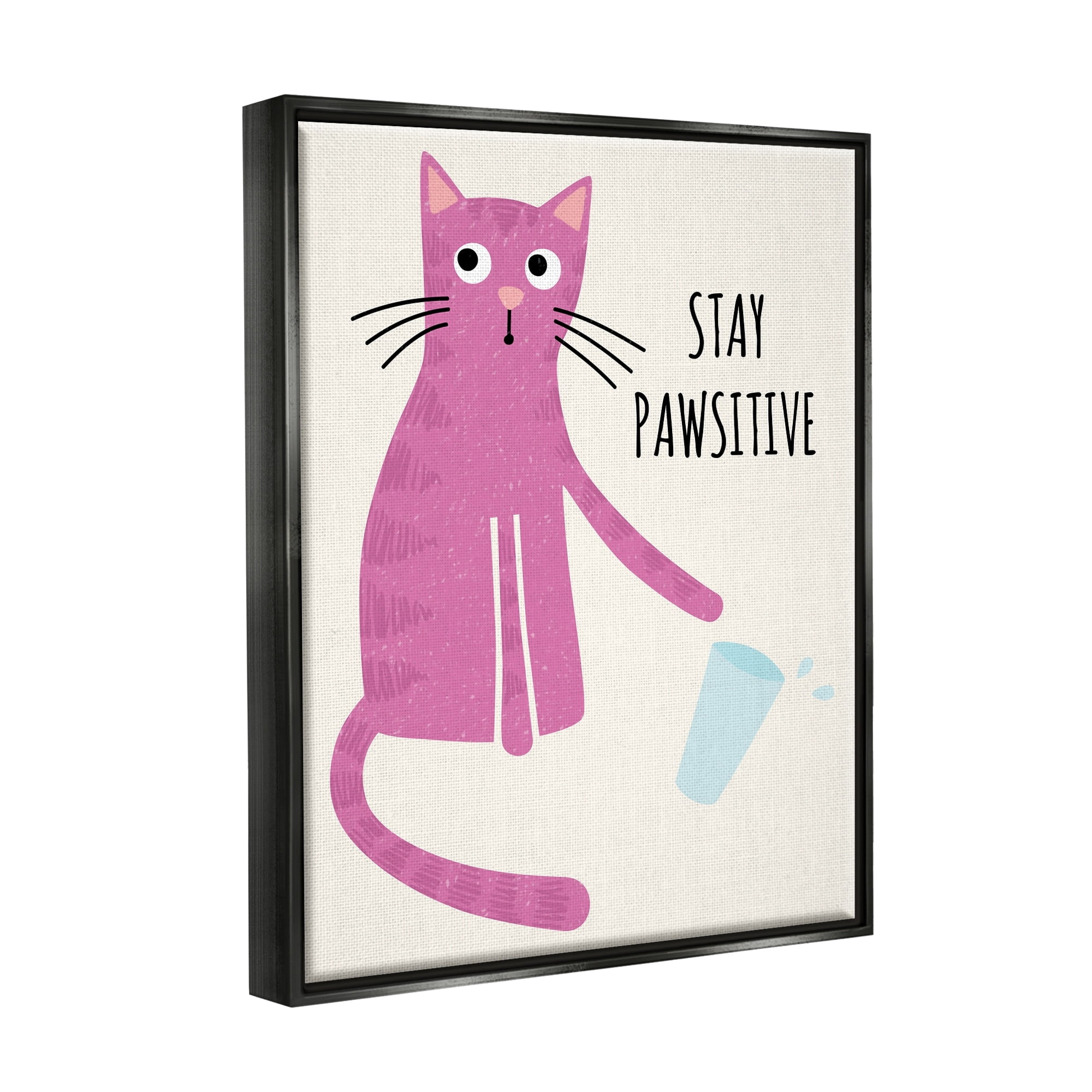 Stupell Industries Stay Pawsitive Endearing Pink Cat Knocking Over Glass Graphic Art Jet Black Floating Framed Canvas Print Wall Art, Design by Jennifer Wambach