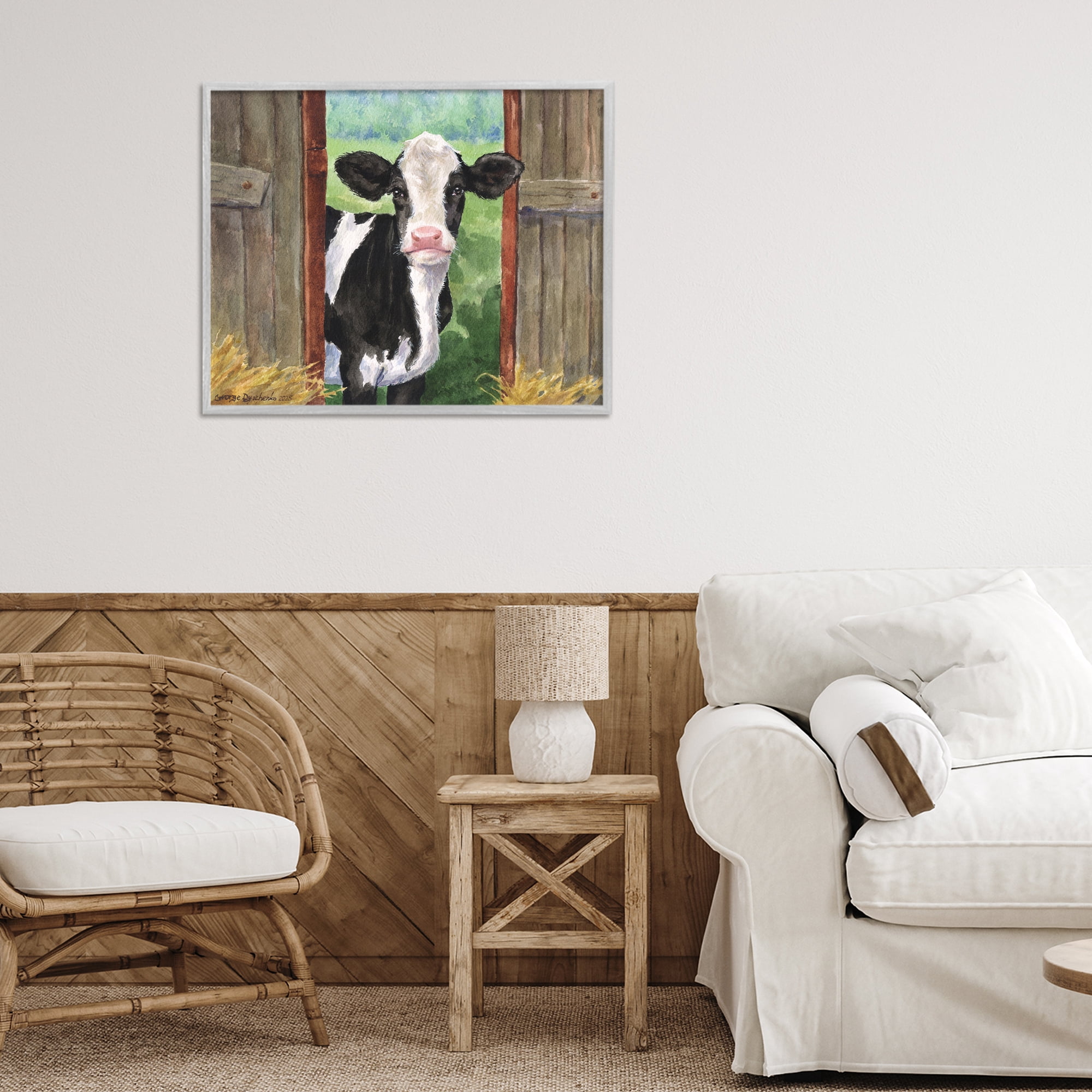 Stupell Industries Cow in Wooden Gate Gray Framed Giclee Art, design by George Dyachenko